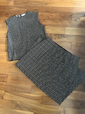 Brown and White Plaid Two-Piece Set - Sleeveless Top & Skirt